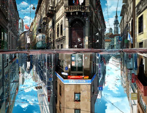 stad, gata, anime, stadsbild, arkitektur, reflexion