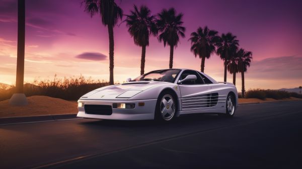 φοίνικες,ai art,Ferrari Testarossa,η δυση του ηλιου,αγωνιστικό αυτοκίνητο,μωβ