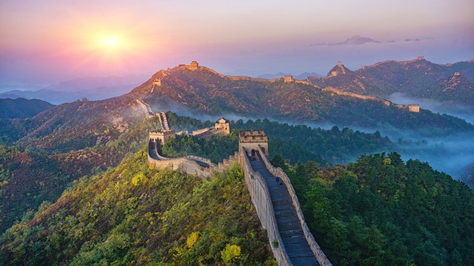 natura, paesaggio, Grande Muraglia cinese, Cina, parete, mattoni, Torre, montagne, alberi, foresta, nebbia, vista aerea, tramonto