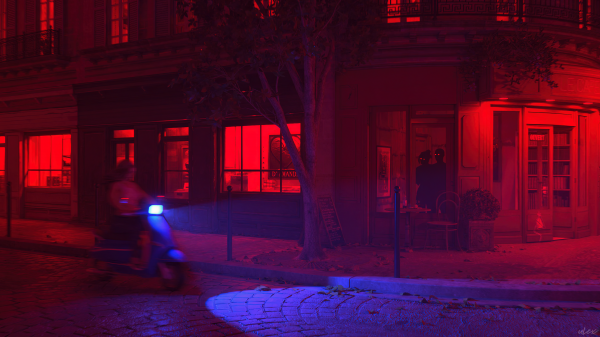 CGI,digital art,3D Environment,Paris,neon,mopeds