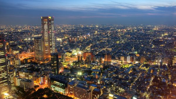 Japon, ville, Paysage urbain, nuit, Horizon, Gratte-ciel