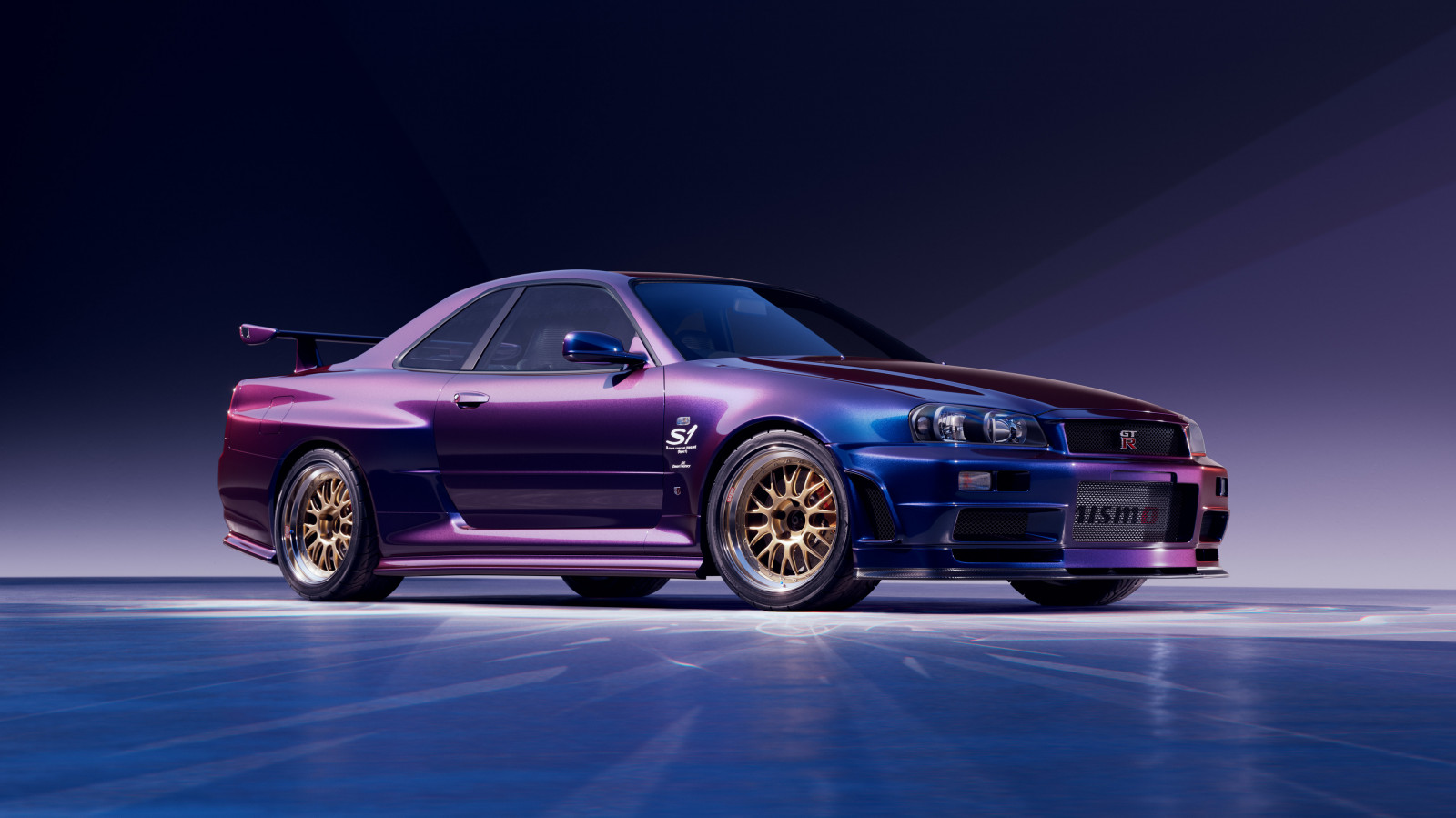 vozidlo, auto, CGI, digitální umění, umělecká díla, 4k, Greg Peruski, Nissan, Nissan Skyline R34, Nissan Skyline GT R V Spec, modré vozy, japonská auta