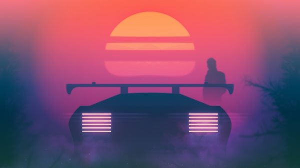 Retrowave,vaporwave,synthwave,Retro car