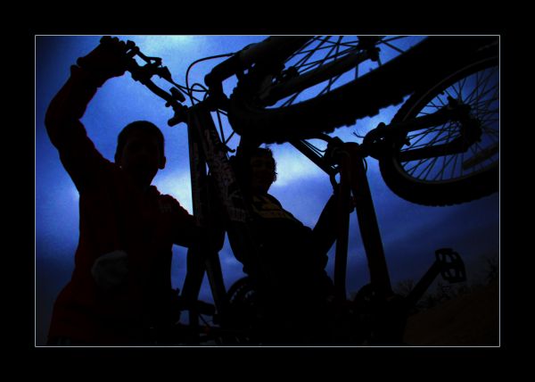 Silhouette, schwarz, Nacht-, Fahrrad, Schatten, blau