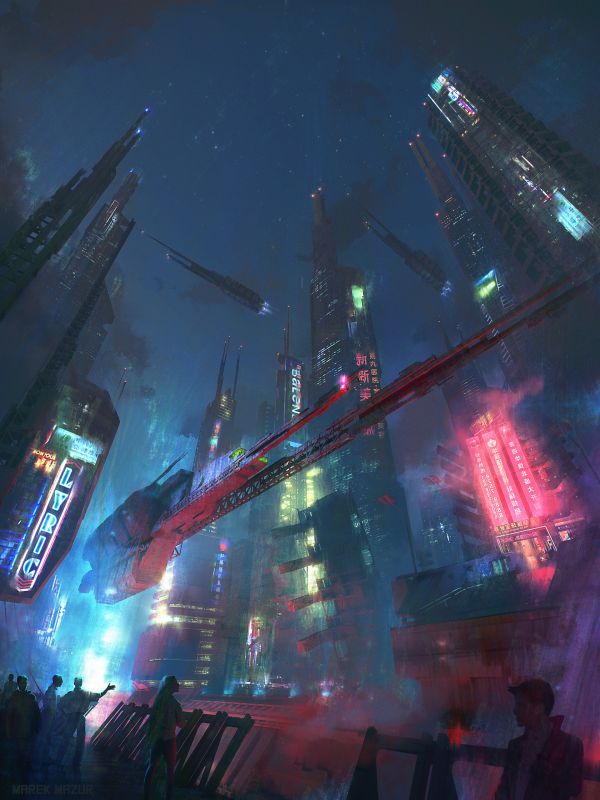 cyberpunk,Marek Mazur,digitální,město,futuristický,Koncepce umění