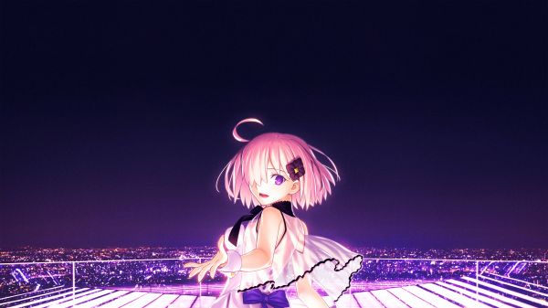 anime,anime girls,purple eyes,city lights,pink hair