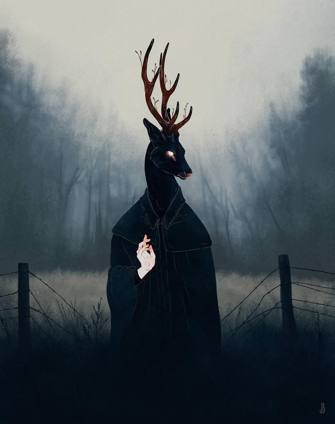 deer, fantasy art, fence, forest, glowing eyes