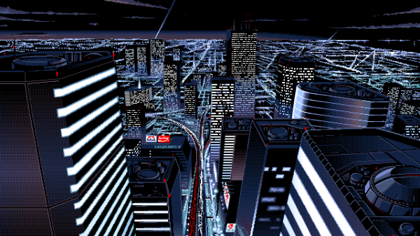 PC 98,pixel art,dark background,cityscape,pixels,Kankin