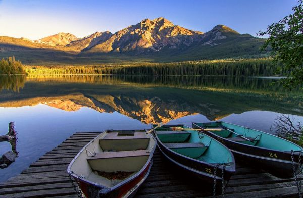 luce del sole, paesaggio, foresta, montagne, barca, lago