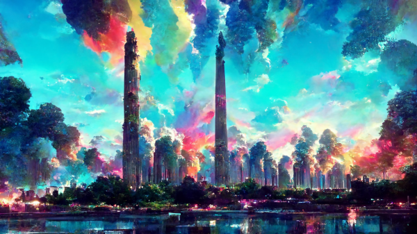 ai,awan-awan,vaporwave,menara,hutan,pastel