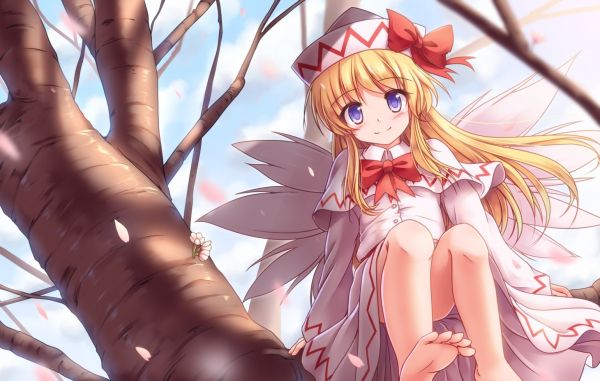 blond,Anime,illustration,pieds nus,ailes,robe blanche