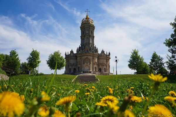 veld-, bloemen, 2300x1525 px, architectuur, kerk, wolken