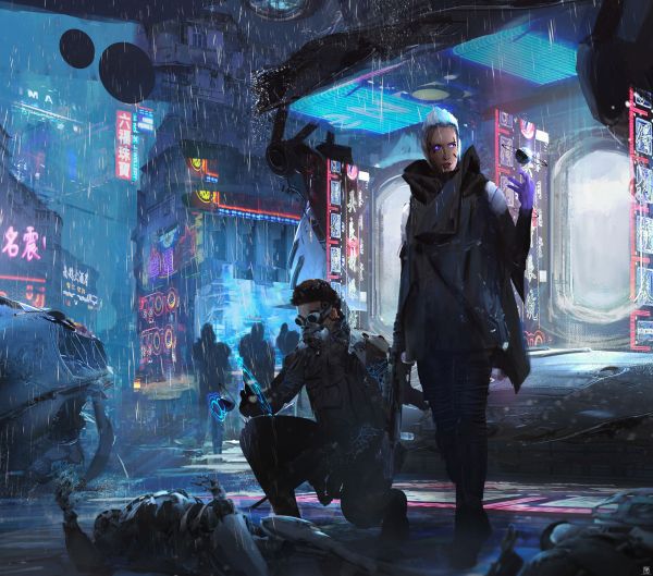 cyberpunk,ฝน,นีออน