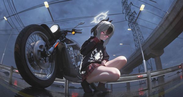 anime girls,Onikata Kayoko Blue Archive,blue archive,motorcycle,schoolgirl,night