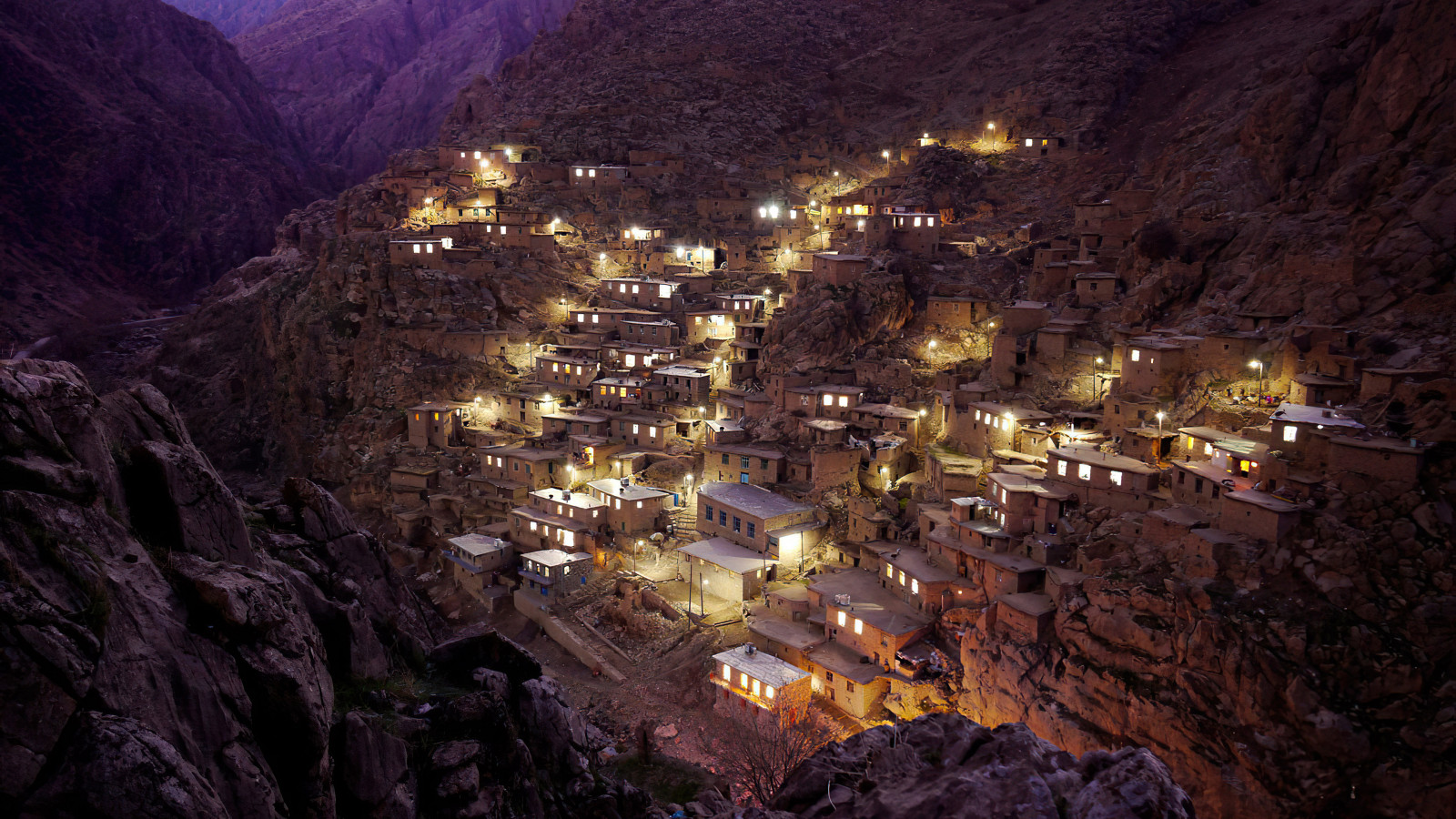 村, 山々, 風景, イラン, ロッキー山脈, 夜, 長時間露光