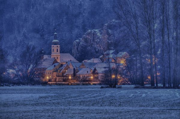 paesaggio, notte, riflessione, la neve, inverno, paesaggio urbano