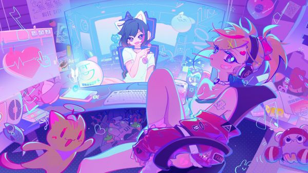 headphones,MuseDash,video game girls,computer,blonde,looking at viewer