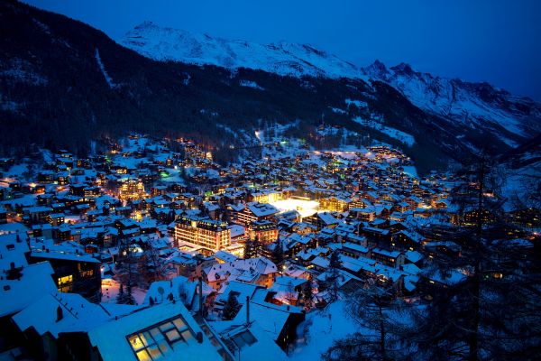 paesaggio, luci, montagne, paesaggio urbano, notte, la neve