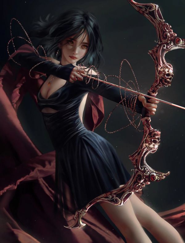 artwork,bow and arrow,fantasy girl,sister,dress