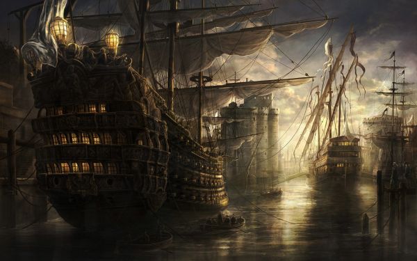 schip,Computerspellen,fantasy art,zee,reflectie,nacht