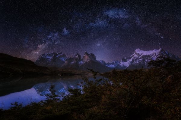 Árboles,paisaje,montañas,lago,noche,galaxia