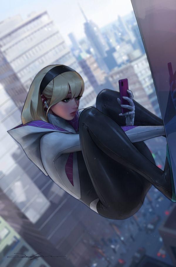 karya seni,seni digital,Spider Gwen,Marvel Comics,karya penggemar,headphone