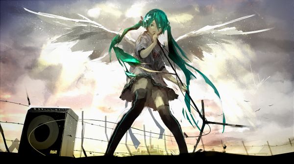 anime girls,Hatsune Miku,minidress,loundraw,singing,wings