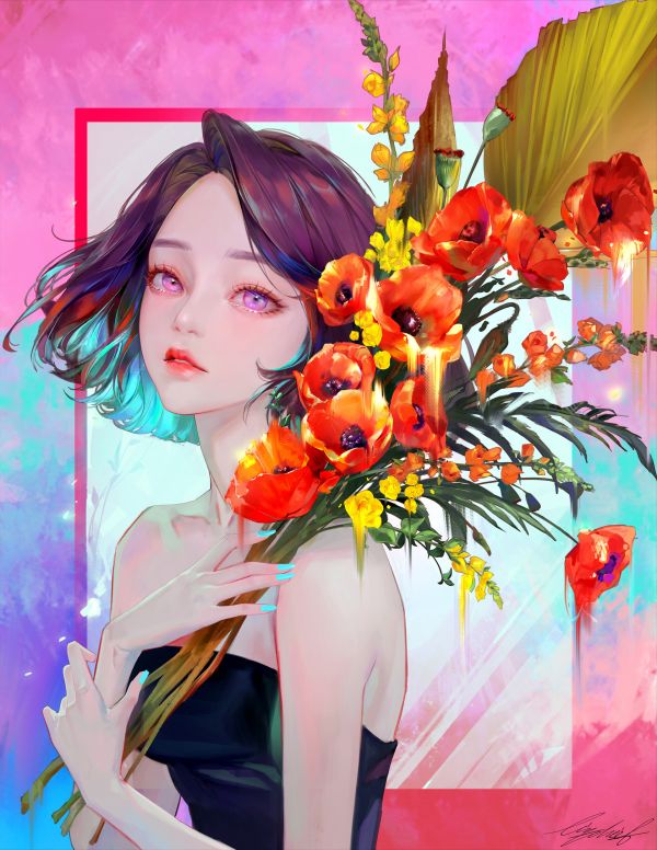 drawing,women,dyed hair,Liz Son,flowers,leaves