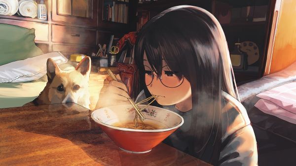 gadis anime,makanan,anime girls eating,Mie,rambut hitam,rambut panjang