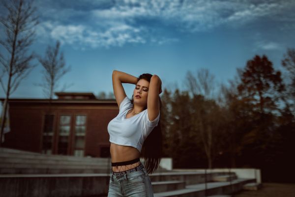 femmes, jeans, portrait, ventre, yeux fermés, Nombril percé