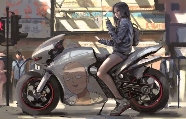 女性,バイクを持つ女性,WLOP,アートワーク,デジタルアート,ブルネット