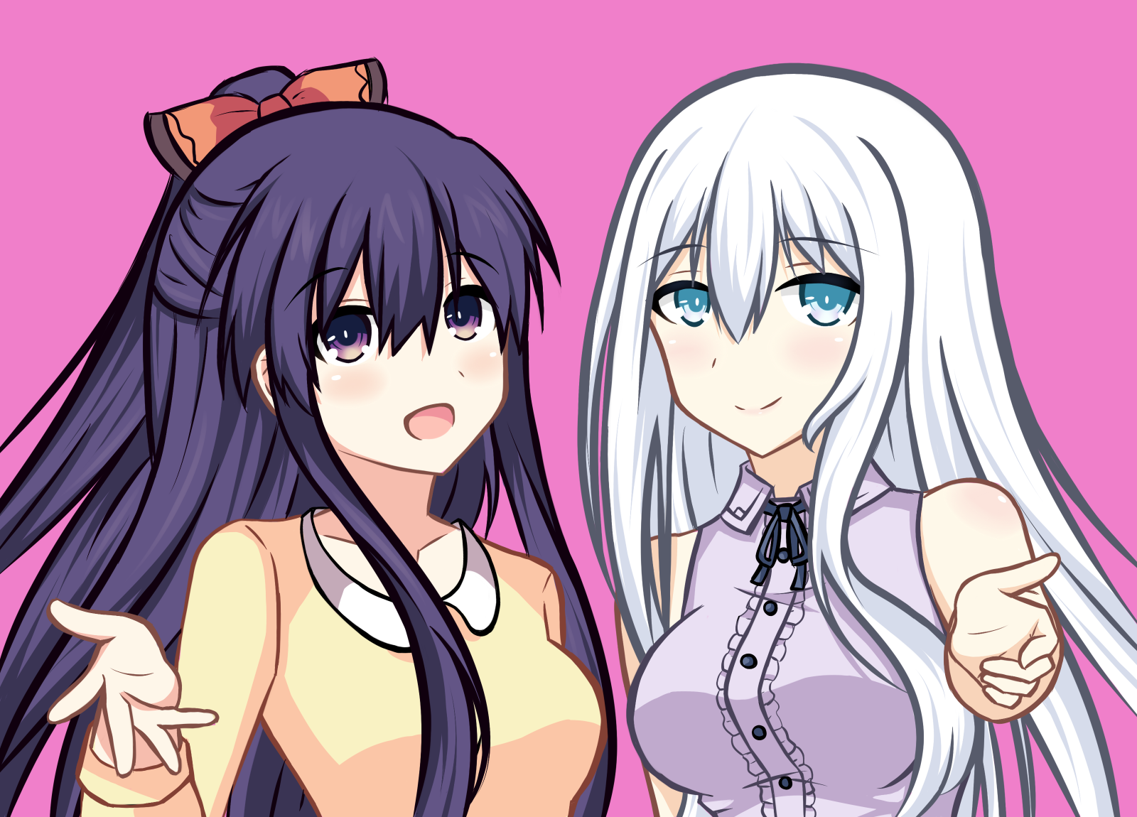 Kanade Silver, Date A Live, personaggi originali, Kanade Shimizu, Yatogami Tohka, capelli bianchi, capelli viola, occhi blu, occhi viola, sfondo semplice, amicizia, sfondo rosa