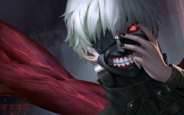 white hair, anime, red, red eyes, Kaneki Ken, mask