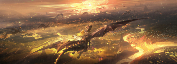 Ying Yi,artwork,gold,flying,anime girls,river