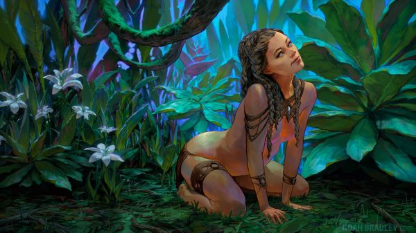 Noah Bradley,mulheres,morena,jardim,Plantas,flor