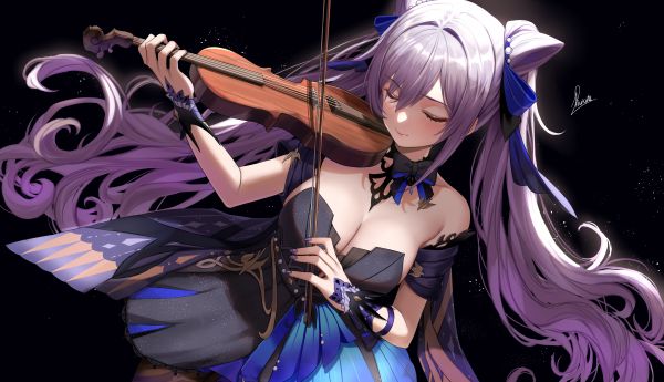 anime,anime girls,violin,big boobs,cleavage,closed eyes