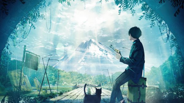 anime boys,cats,luggage,mountains,sky,tunnel