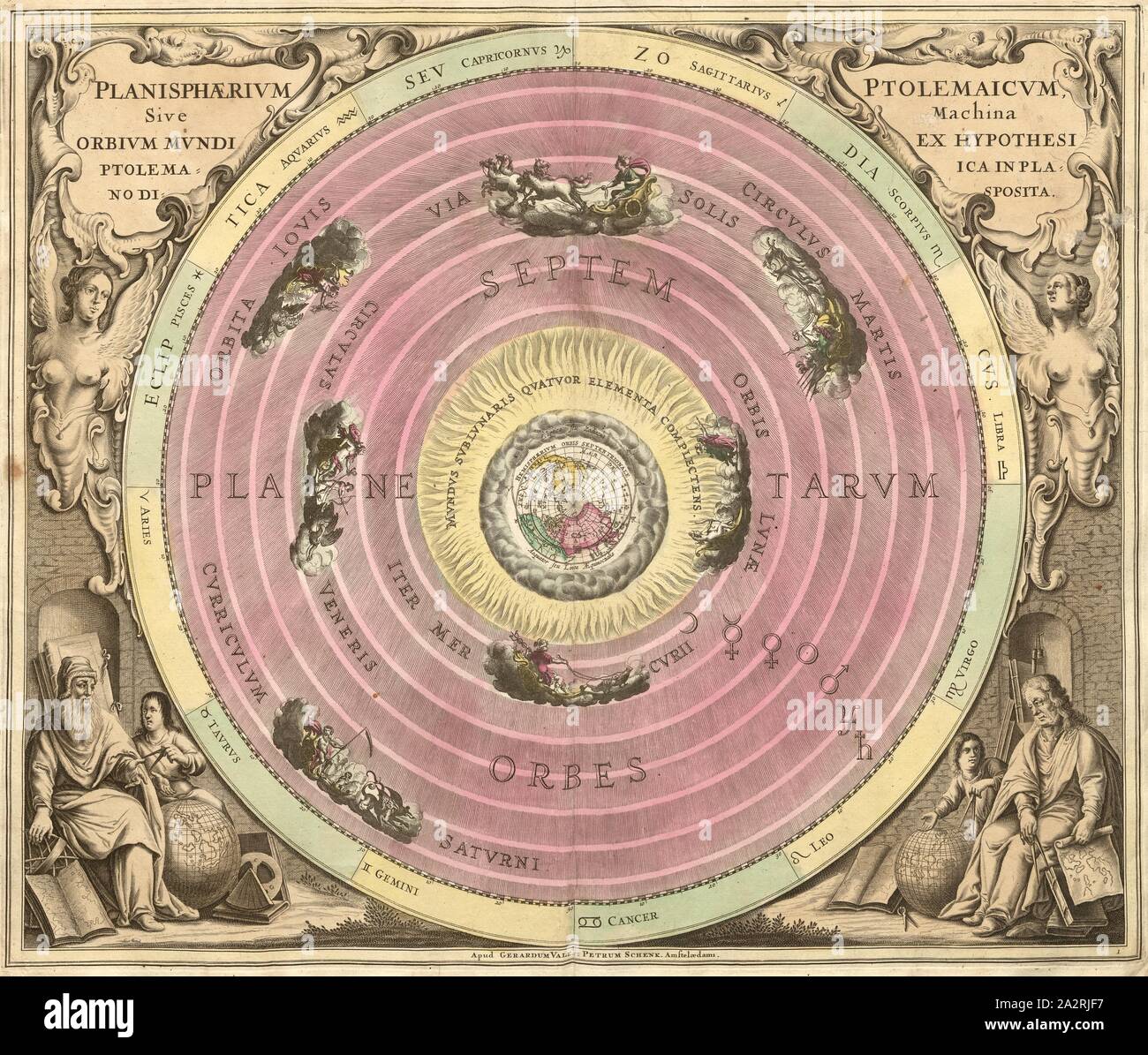 Planisphaerium the adherents of Ptolemy, or the machine are arranged in the plane of the orbits of the world, from the hypothesis of Ptolemaica, Flat (planispheric) representation of the solar system according to the Ptolemaic model, pl. 1, p. 6, Cellarius, Andreas, Andreas Cellarius: Harmonia macrocosmica, seu, Atlas universalis et novus, totius universi creati cosmographiam generalem, et novam exhibens (...). Amstelodami: apud Gerardum Valk & Petrum Schenk, 1708 Stock Photo