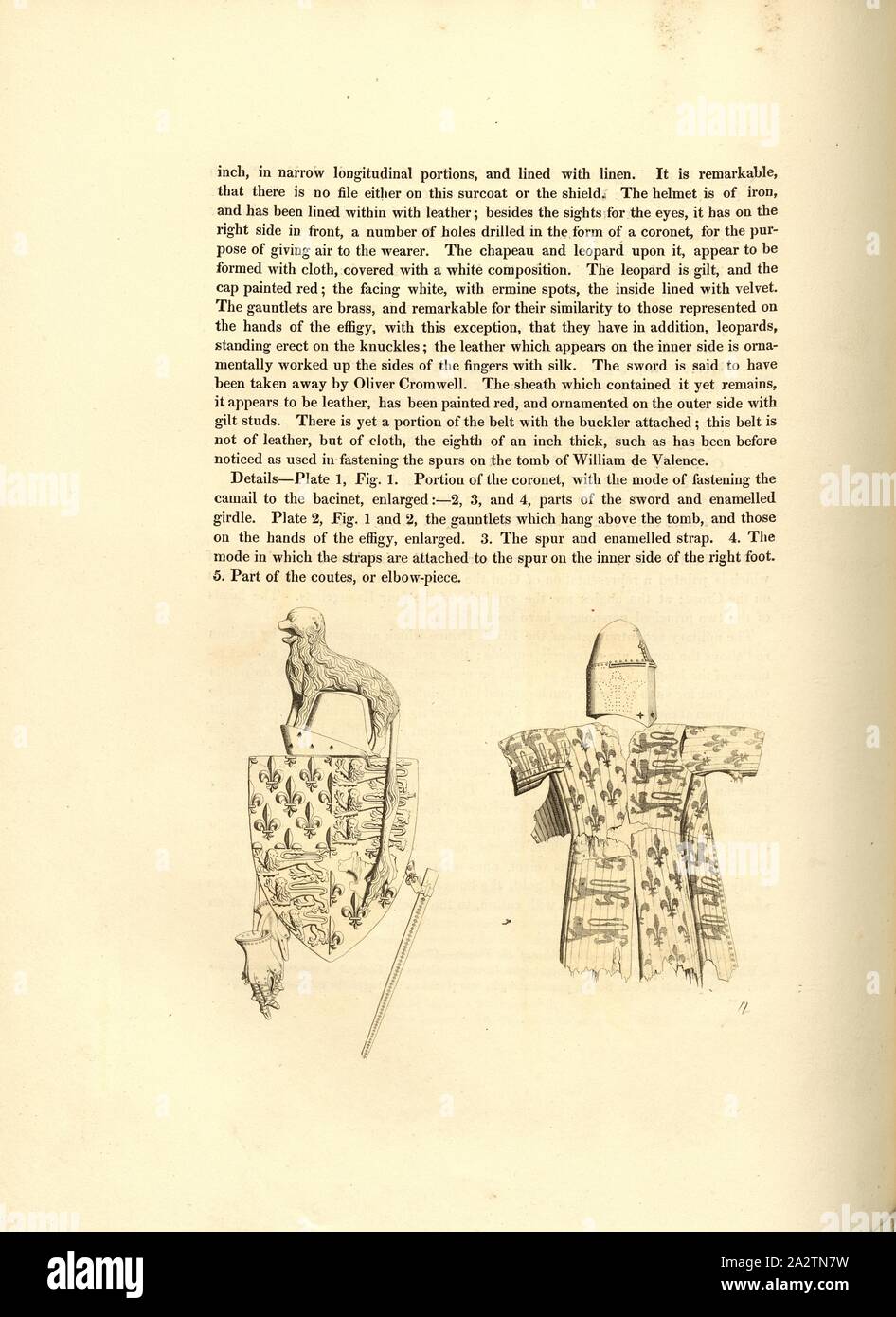 Military accoutrements of the Black Prince which are suspended by an iron above the tomb, Military equipment of Edward of Woodstock at the tomb in Canterbury Cathedral, Fig. 95, 4, after p. 66, Charles Alfred Stothard, Alfred John Kempe: The monumental effigies of Great Britain: selected from our cathedrals and churches, for the purpose of bringing together, and preserving correct representations of the best historical illustrations extant, from the Norman conquest to the reign of Henry the Eighth: dedicated by permission to the Prince Regent. London: printed by J. M'Creery [...], 1817-1832 Stock Photo