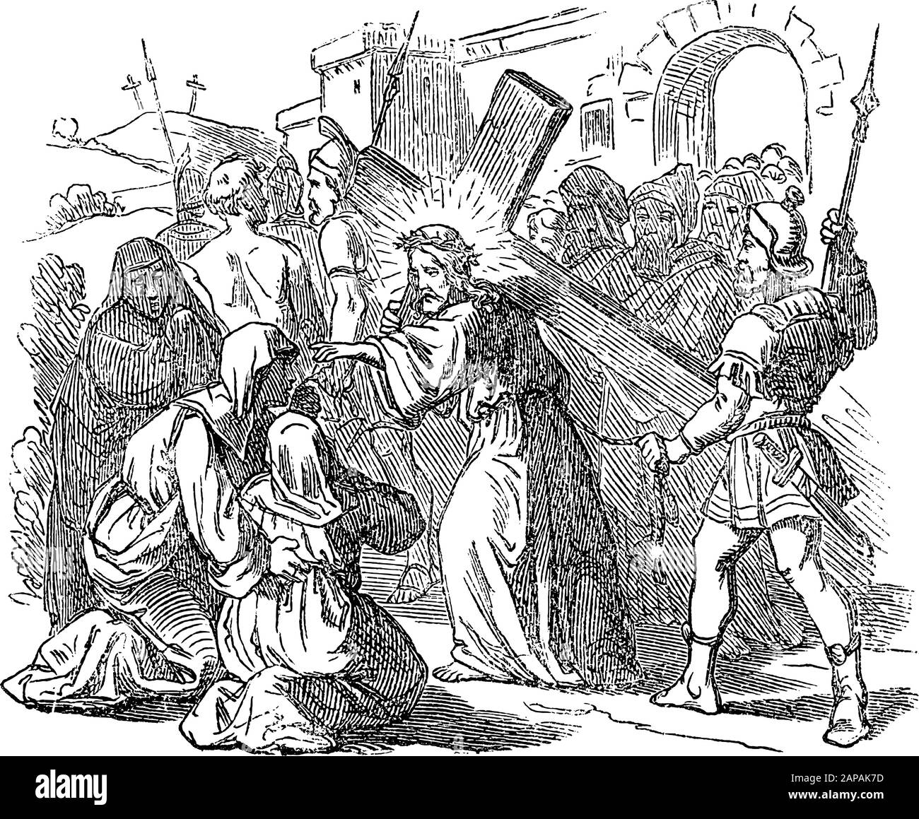 Antique vintage biblical religious engraving or drawing of Jesus carrying cross for crucifixion and talking to women of Jerusalem . Bible, New Testament,Luke 23. Biblische Geschichte , Germany 1859. Stock Vector