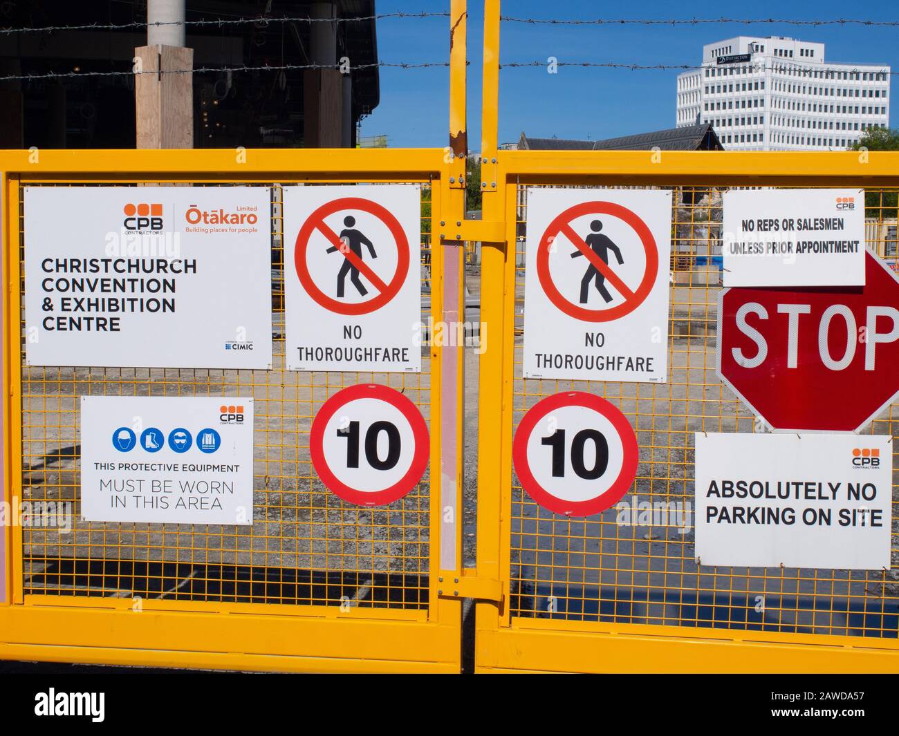 Warning Signs On A Construction Site Gate Stock Photo