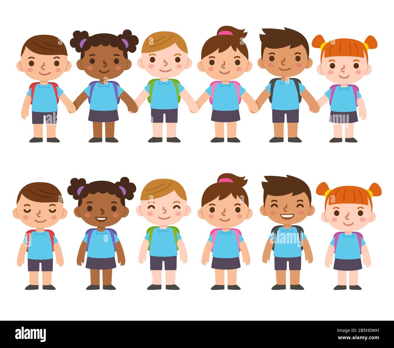 A set of six cute cartoon diverse children wearing school uniform with backpacks and holding hands. International group of kids, boys and girls. Stock Vector