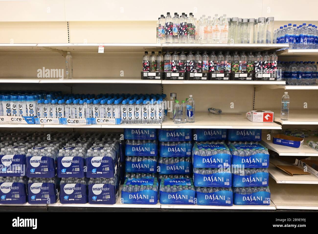 Core hydration, Smartwater, Aquafina and Dasani water bottles at Target Department store amid the coronavirus COVID-19 global pandemic, Monday, March 23, 2020, in Inglewood, Calif. (Photo by IOS/Espa-Images) Stock Photo