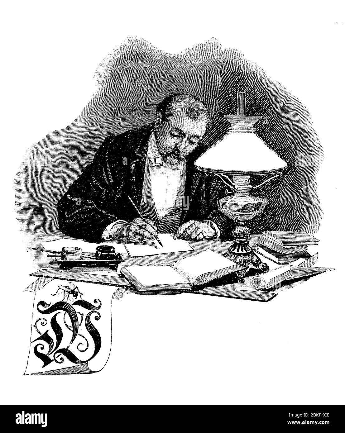 Typography: letter W chapter frontispiece,  decorative vignette of a man sitting at his desk with books, writing a letter with pen and ink Stock Photo