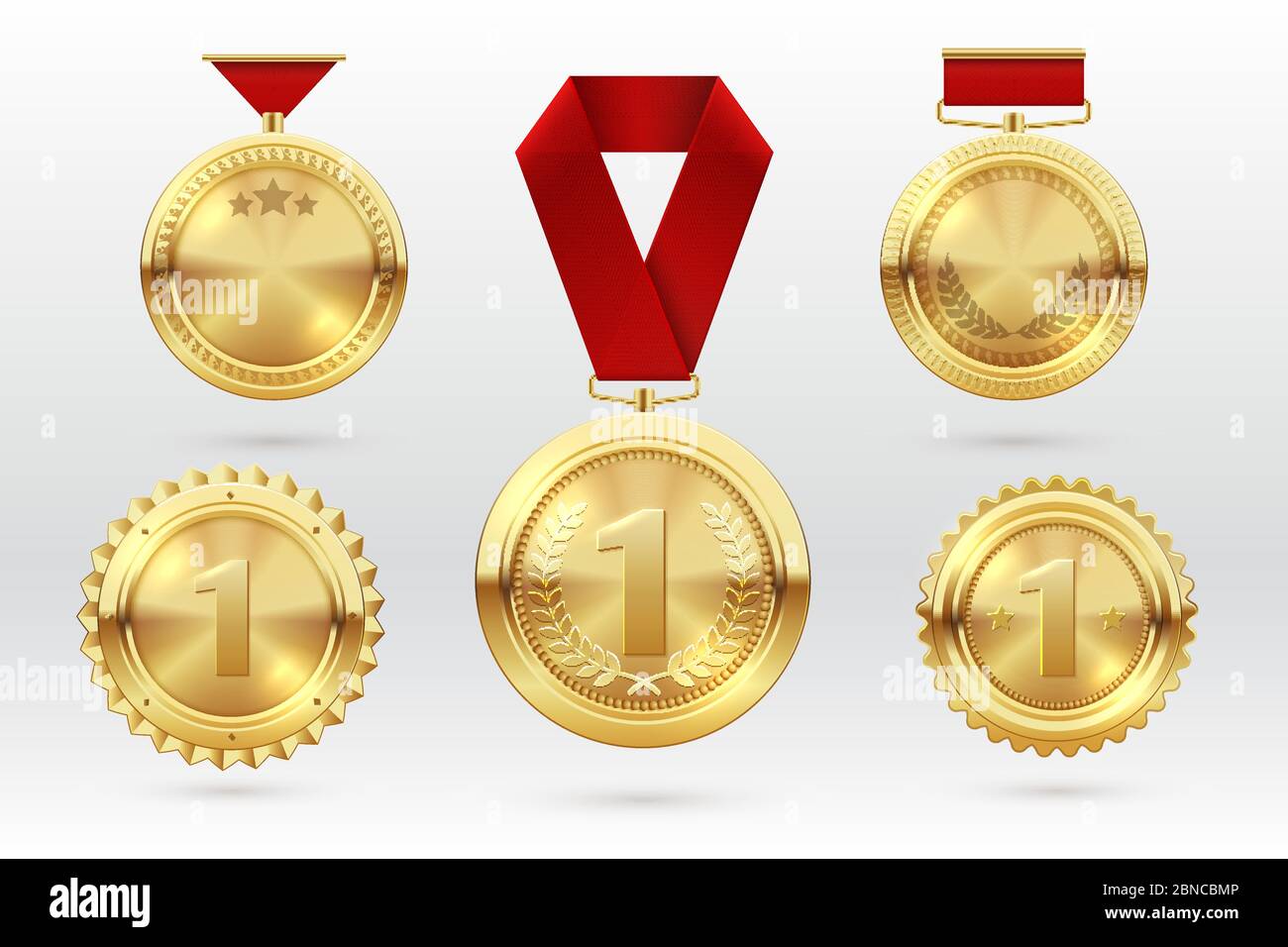 Gold medal. Number 1 golden medals with red award ribbons. First placement winner trophy prize. Vector set of golden award and medal trophy illustration Stock Vector