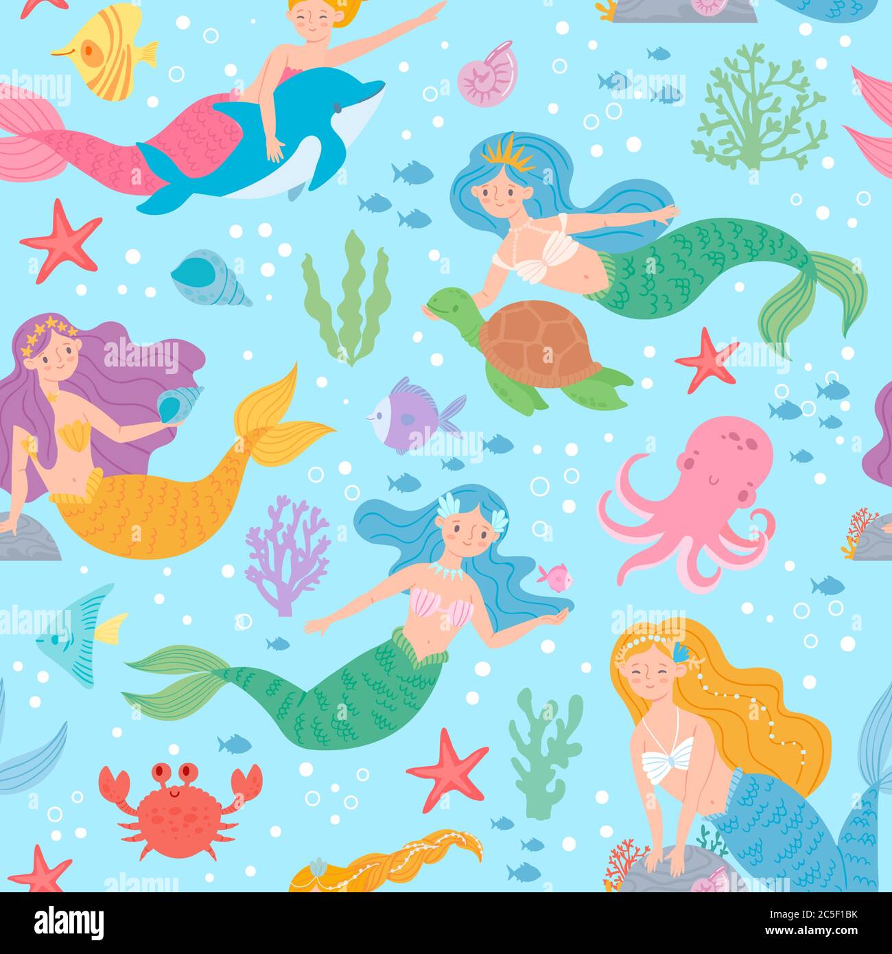 Mermaid seamless pattern. Fairytale princesses and sea creatures underwater world design for wallpaper, fabric print fashion vector texture Stock Vector