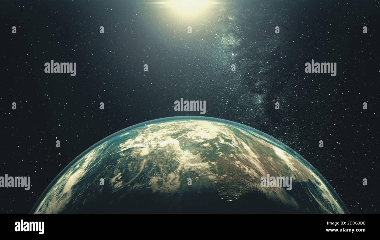 Rotating Earth planet with Sun light. White halo orbits about bright star in space with stars. Outer cosmos, Solar System at starry dark blue sky. Worldwide spacecraft concept in 3d animation Stock Photo