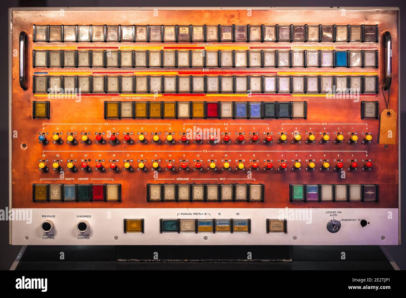 London, UK - January 17, 2020 - Early computer, Ferranti Atlas Computer Console dated 1964 on display at Science Museum in London Stock Photo