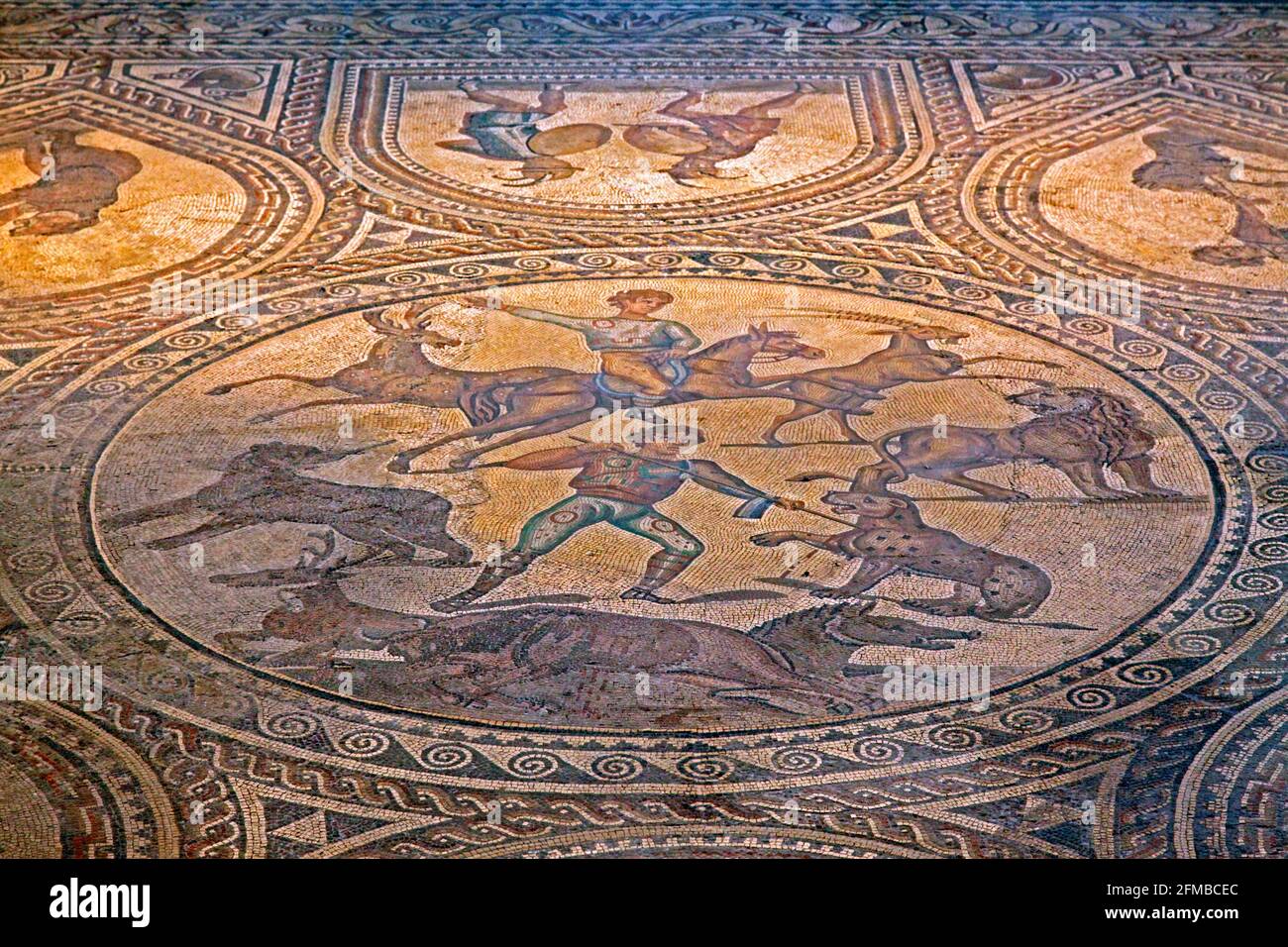 Roman hall, conversion to a museum in the late 19th century, magnificent mosaic floor of a Roman villa (3rd century), gladiator mosaic, gladiators, Bad Kreuznach, Rhineland-Palatinate, Germany Stock Photo