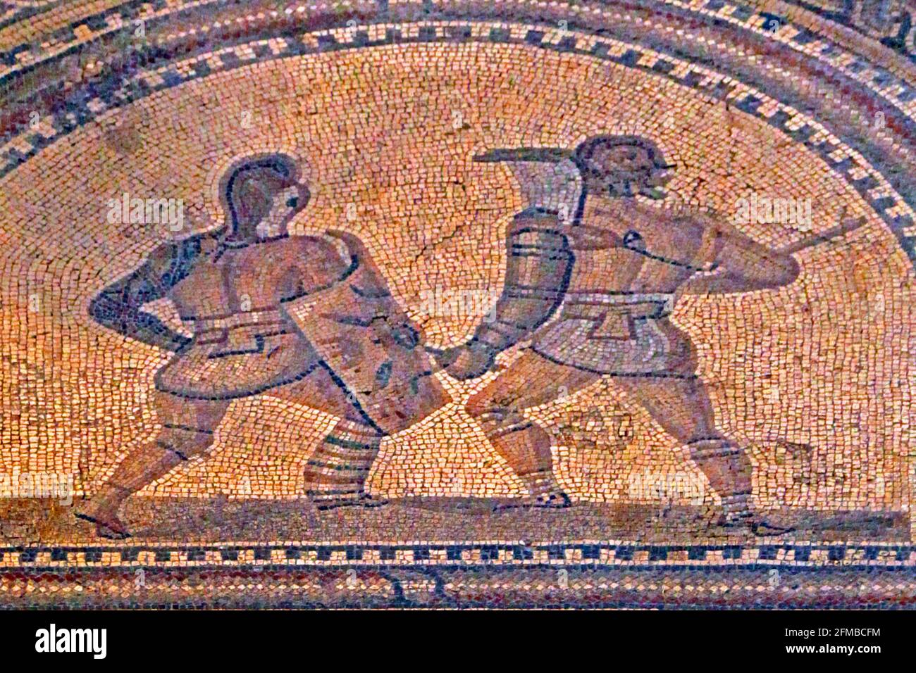 Roman hall, conversion to a museum in the late 19th century, magnificent mosaic floor of a Roman villa (3rd century), gladiator mosaic, gladiators, Bad Kreuznach, Rhineland-Palatinate, Germany Stock Photo